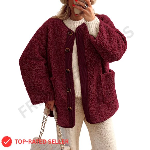 Women's Sherpa Fleece Jacket Button Up Cozy Outerwear Long Sleeve